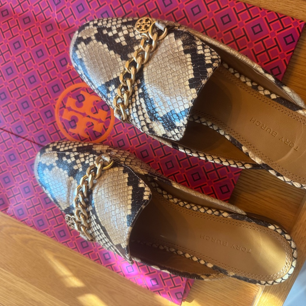 Tory Burch Brown and Tan Flats with Snakeskin Print